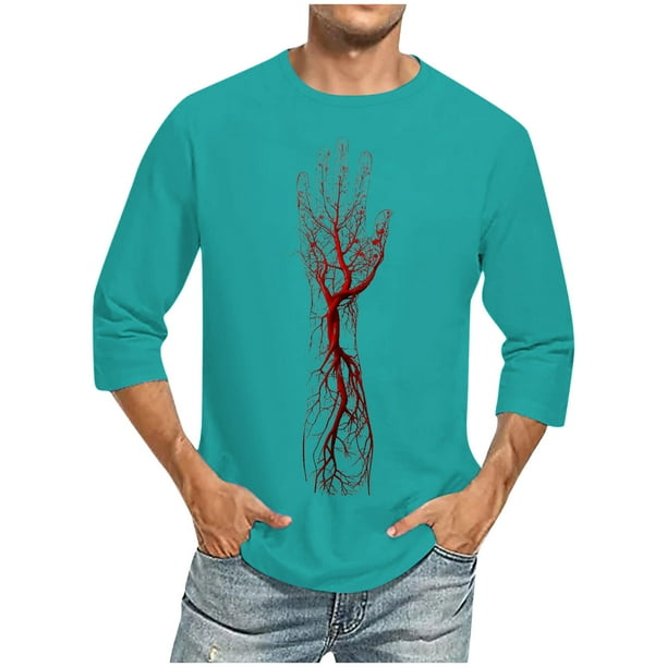 Camisas de Manga Larga para Hombres Imprimir Casual Cuello Redondo Blusa de Manga Corta, Camisas de Lino para Hombres