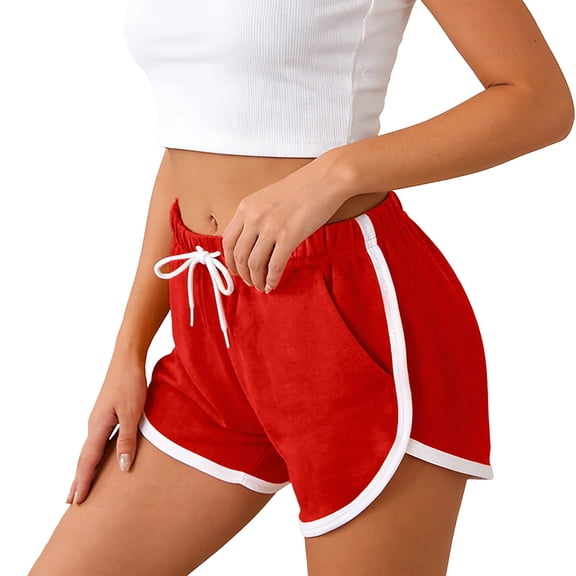 KHONTS Women's Athletic Shorts Running Color Block Mini Shorts Gym Home Pjs Pants with Pockets and Drawstring Red XL