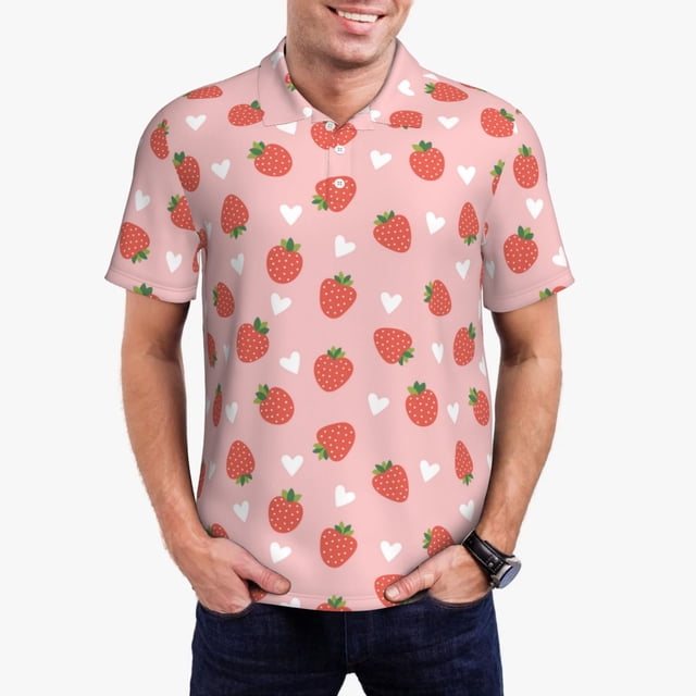 Balery Strawberry Camisa Polo de Hombre con Estampado, de Manga Corta y Tejido Medio, Camisa Tipo Golf Polo-Medium