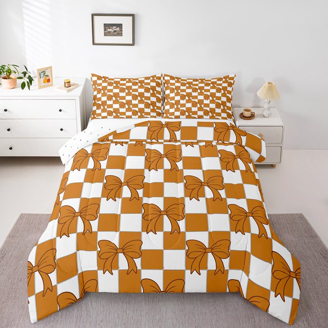 Erosebridal Ensemble de Literie Kawaii avec Nœud Papillon, Couette à Carreaux Orange, Réversible 2 Pcs