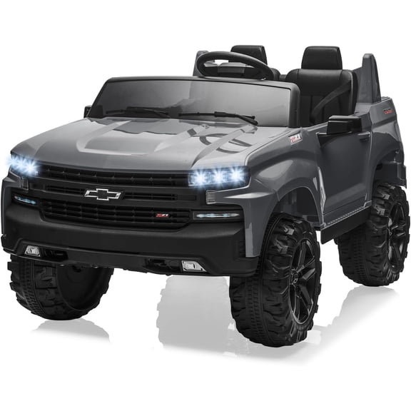 Licensed 24V Chevrolet Silverado 2-Seater Ride On Truck with Parental Remote Control, Dual 120W Motors, 3 Speeds, Spring Suspension, MP3, Wireless Music, Battery Powered Vehicle,Grey