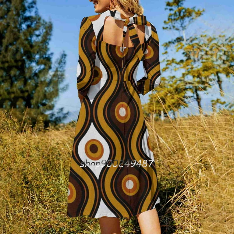Retro 1970'S Style Seventies Vintage Pattern Square Neck Dress