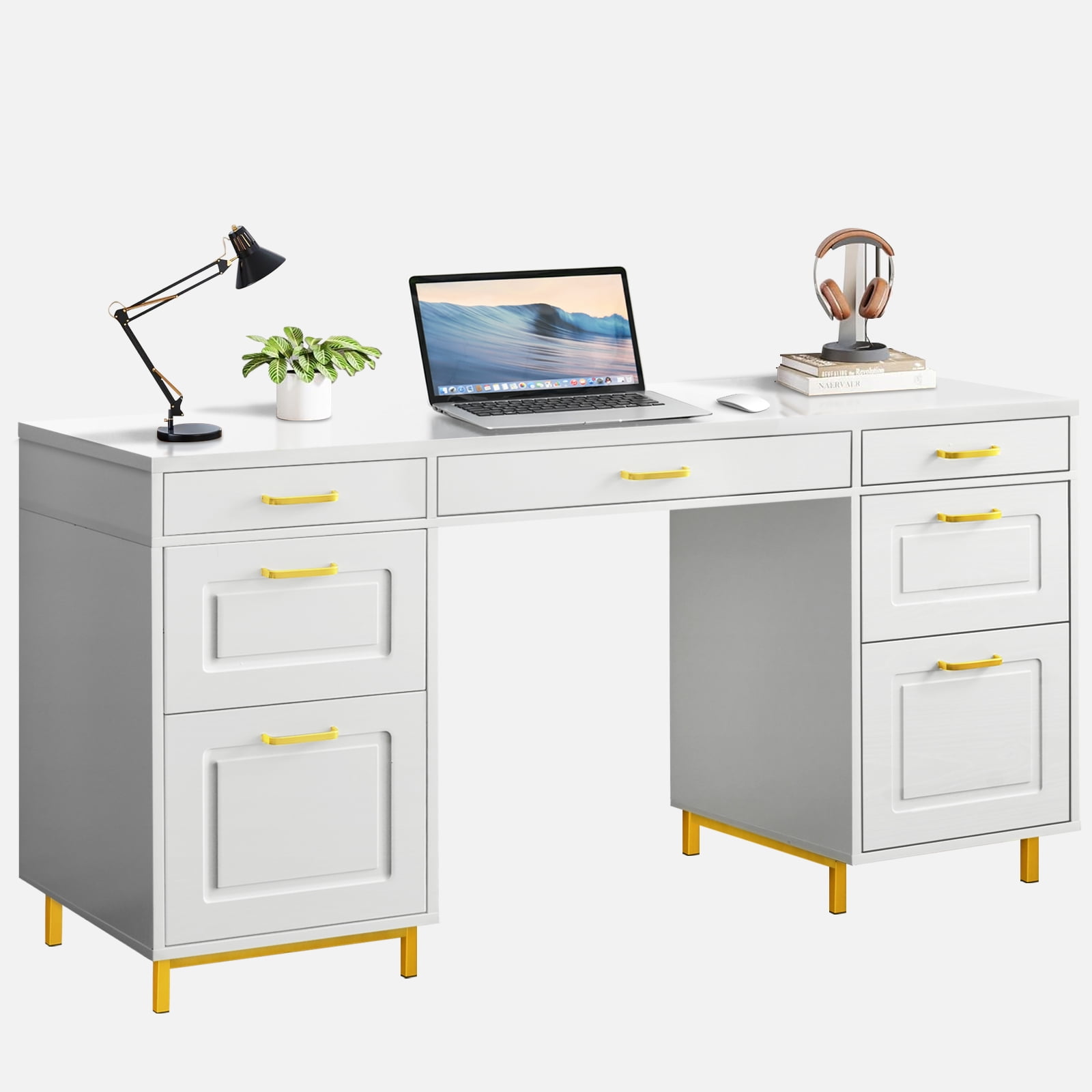 DreamCurship White Desk with 7 Drawers, White and Gold Desk with Storage,  57" Executive Desk with File Drawers, White