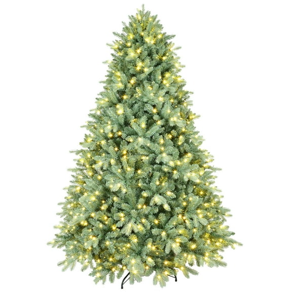 Flower Dance® 8FT Blue-Green Tint Pre-Lit Christmas Tree with 900 Warm White LED Lights – 3308 PE PVC Tips, Hinged Branches for Easy Setup, Sturdy Metal Stand, Unique Holiday Decoration