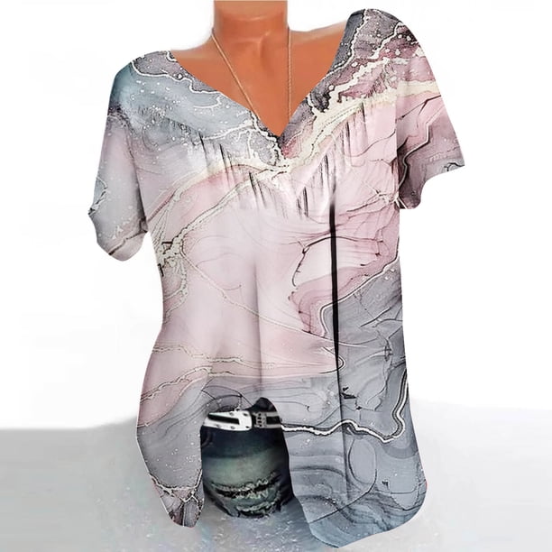 Fiudx Liquidación de Ofertas Flash Blusa Estampada con Cuello En V y Mangas Cortas Informales para Mujer a La Moda, Blusas con Pliegues