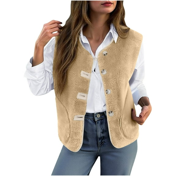 Dxzfnsa Women's Fall Winter Fleece Vests 2025 Womens Trendy Solid Color Sleeveless Jackets with Pockets Button Down Open Front Fuzzy Warm Outerwear