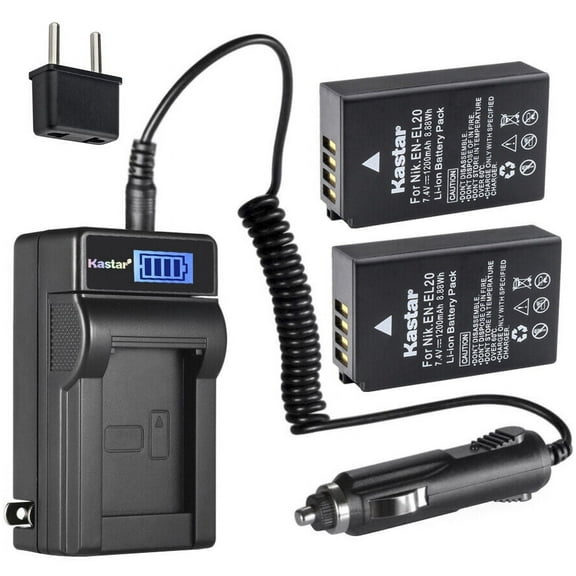 Kastar 2-Pack EN-EL20 Battery and LCD AC Charger Compatible with Nikon EN-EL20 Nikon EN-EL20a Battery, Nikon MH-27 MH-27a Nikon MH-29 MH-29a Charger, Nikon DL24-500, Blackmagic Pocket Cinema Camera