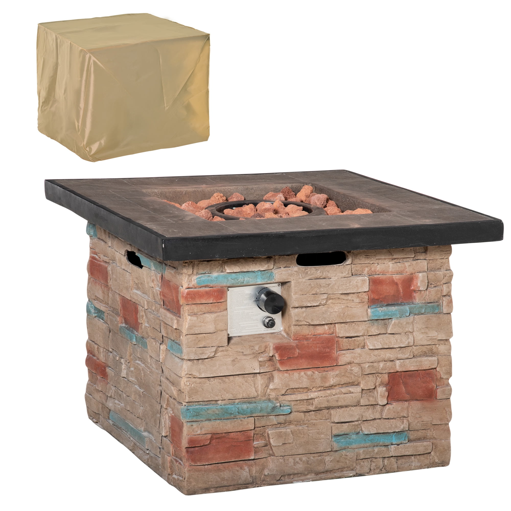 Outsunny Outdoor Propane Fire Pit Table Faux Brown Ledge Stone 32-inch Square Fire Table, 50,000BTU Auto Ignition Gas Firepits with Protective Cover