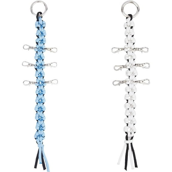 2Pcs Cheer Bow Holder White Blue Handmade Carabiner Keychain Cheerleader Backpack Bow Organizer with 6 Clasps Cheer Bag Accessories for Cheerleading Backpack Sports