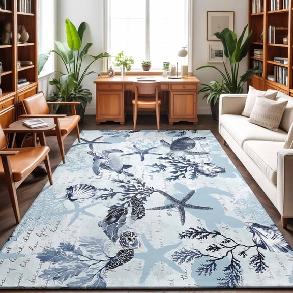 Area Rugs 3'x5', Blue Turtle Coastal Carpet Runner Indoor Outdoor Rugs Home Decor Aesthetic, Nautical Summer Beach Starfish Coral Non Slip Mats Washable Accent Rug for Living Room Bedroom