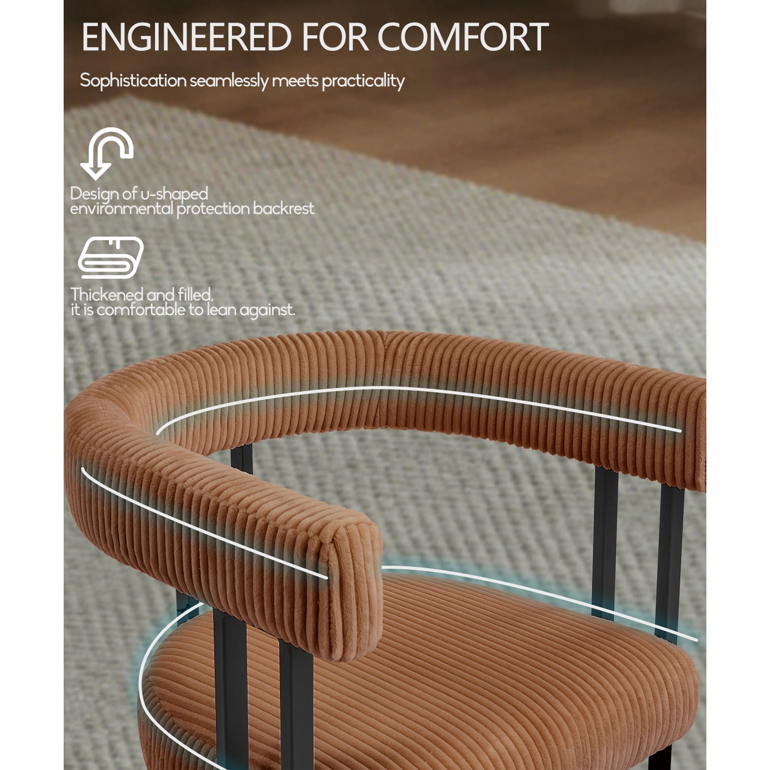 Boucle Dining Chair Set of 2 Corduroy Upholstered Dining Room Chairs Kitchen Chairs with Metal Legs Mid Century Modern Chair for Dining Room, Kitchen (Coffee, 2)