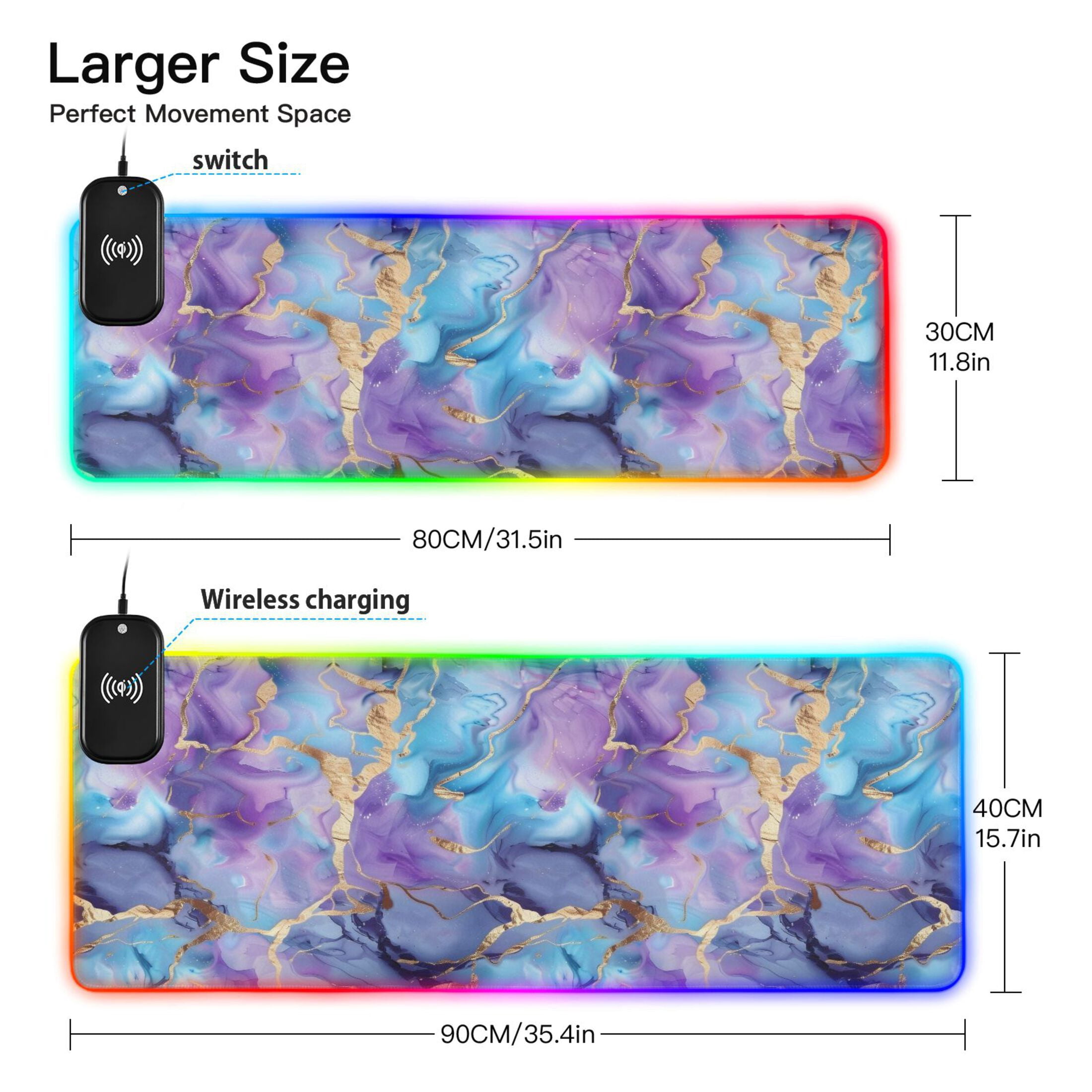 Wireless Charging Mouse Pad Large RGB Gaming Desk Mat 13 Light Modes Mousepad 35.4x15.7 Blue Purple Marble