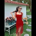 thumbnail image 4 of Vestido Midi Ajustado Fruncido para Mujer, Escote Cuadrado, Sin Mangas, Bajo con Volantes, Vestido de Fiesta para Discoteca, Rojo, Talla L, 4 of 8