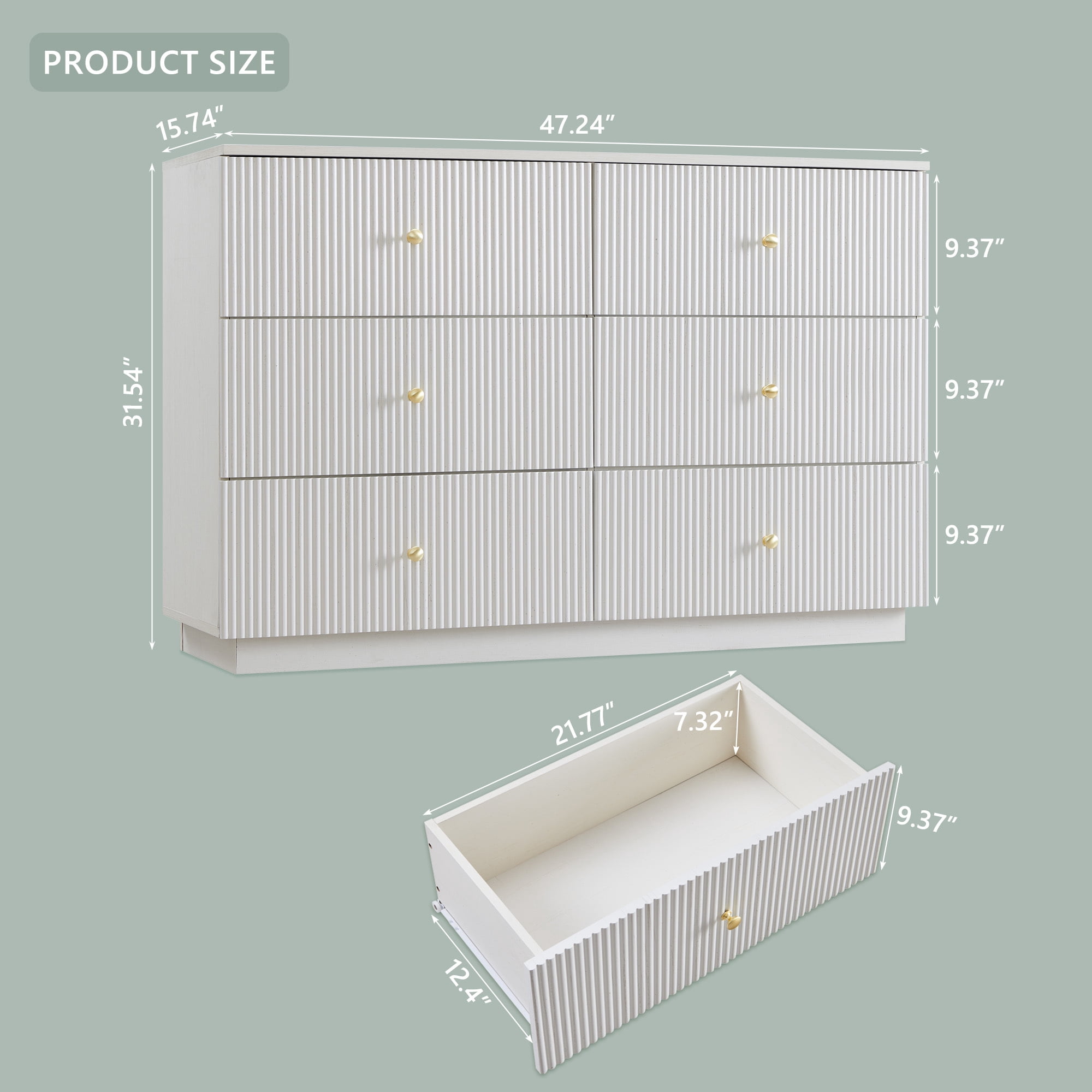 wow97e Fluted 6 Drawers Dresser, Wood 47" Tall Chest of Drawers with Deep Storage, Modern Bedroom Chest for Closet Hallway, Entryway, Living Room