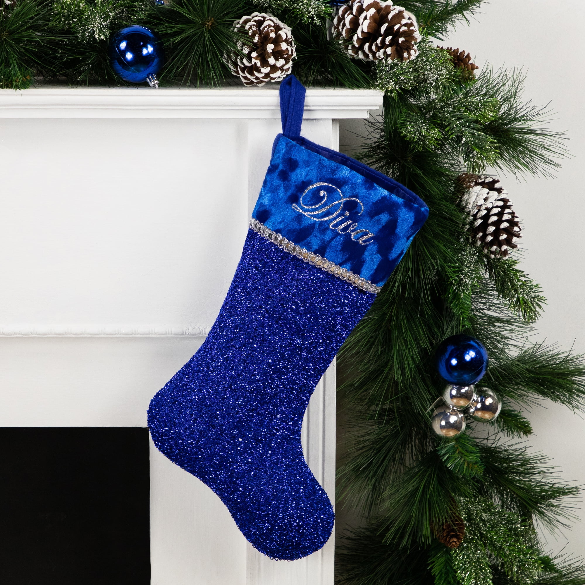 17" Metallic Royal Blue Embroidered "Diva" Christmas Stocking with Shadow Velveteen Cuff