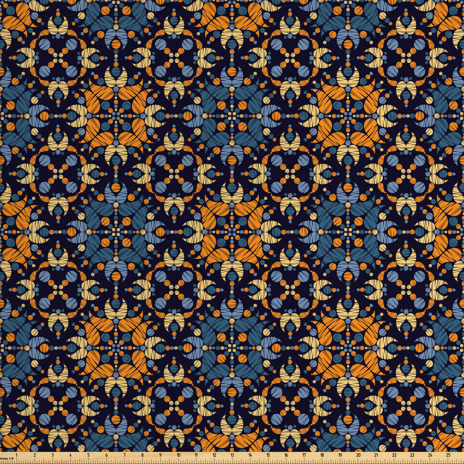 Abstract Fabric by The Yard, Folk Motif Repetition of Bohemian Shapes