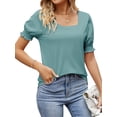 thumbnail image 4 of QAFOPEH Women Square Neck Puff Short Sleeve Smocked Cuffs Tunic Solid Color Top, 4 of 7
