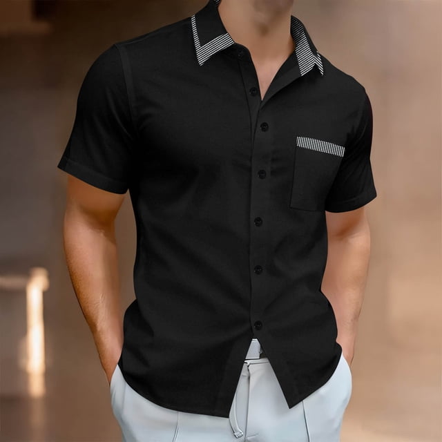 Blusa y camisa de manga corta con cuello vuelto para hombre, cárdigan estampado con botones y bolsillo de solapa de manga corta, blusa para hombre