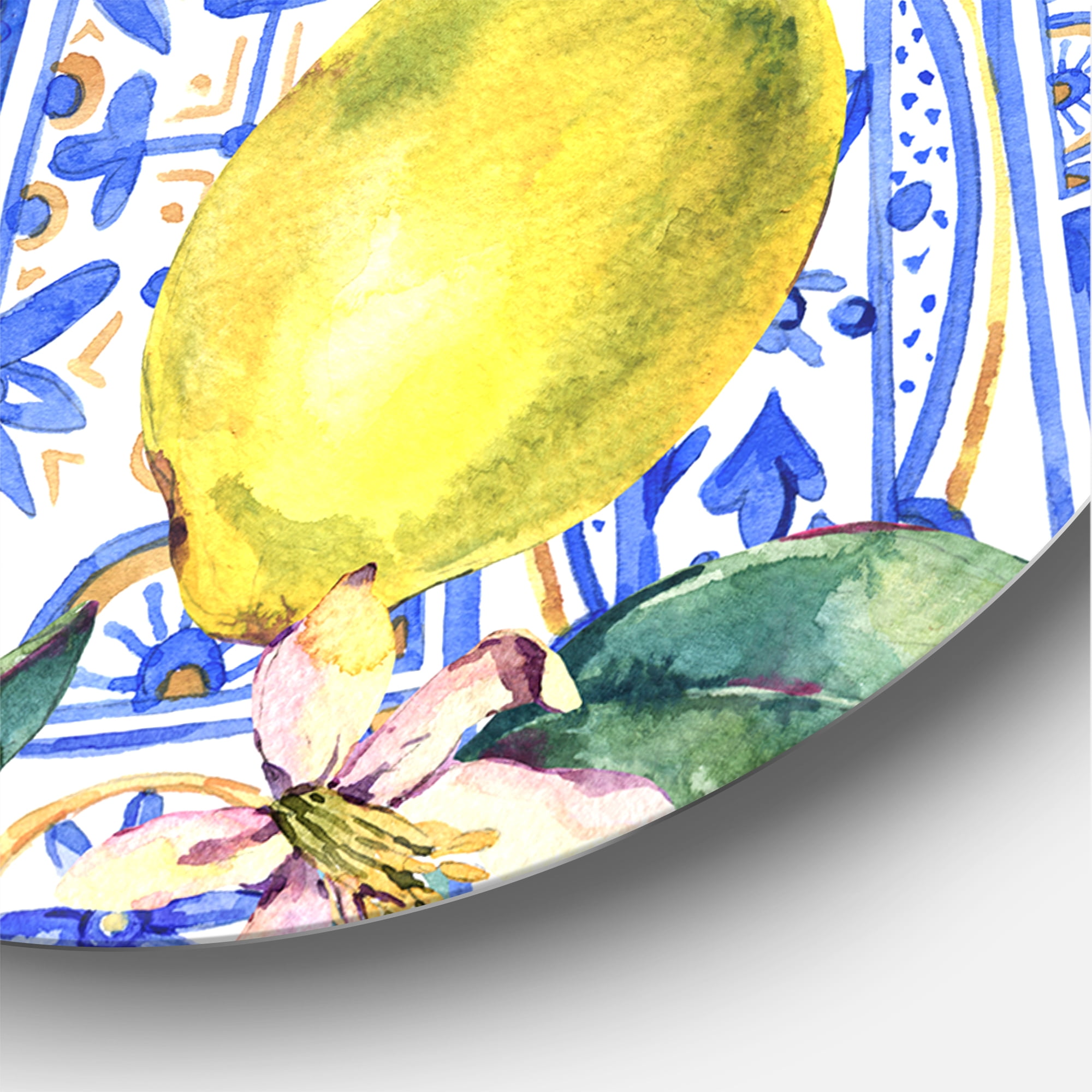 Designart 'Geometrical Pattern of Lemon Ornament On Blue I' Tropical Circle Metal Wall Art 29x29 - Disc of 29