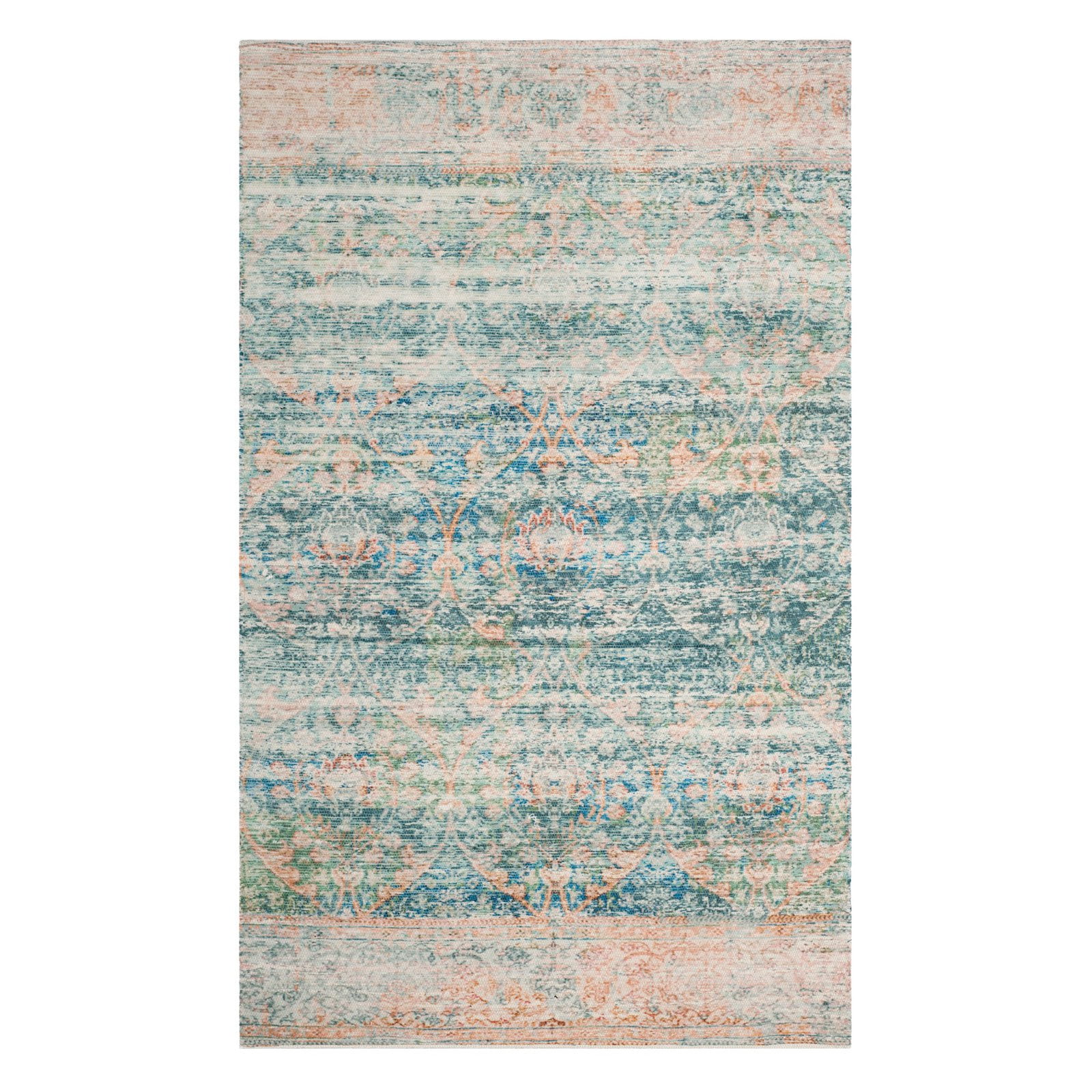 SAFAVIEH Saffron Candelario Floral Cotton Area Rug, Turquoise/Peach, 3' x 5'