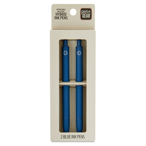 Pen+Gear Retractable Ballpoint Hybrid Ink Pens, Medium Point, 1 mm, Blue Ink, 2 Count
