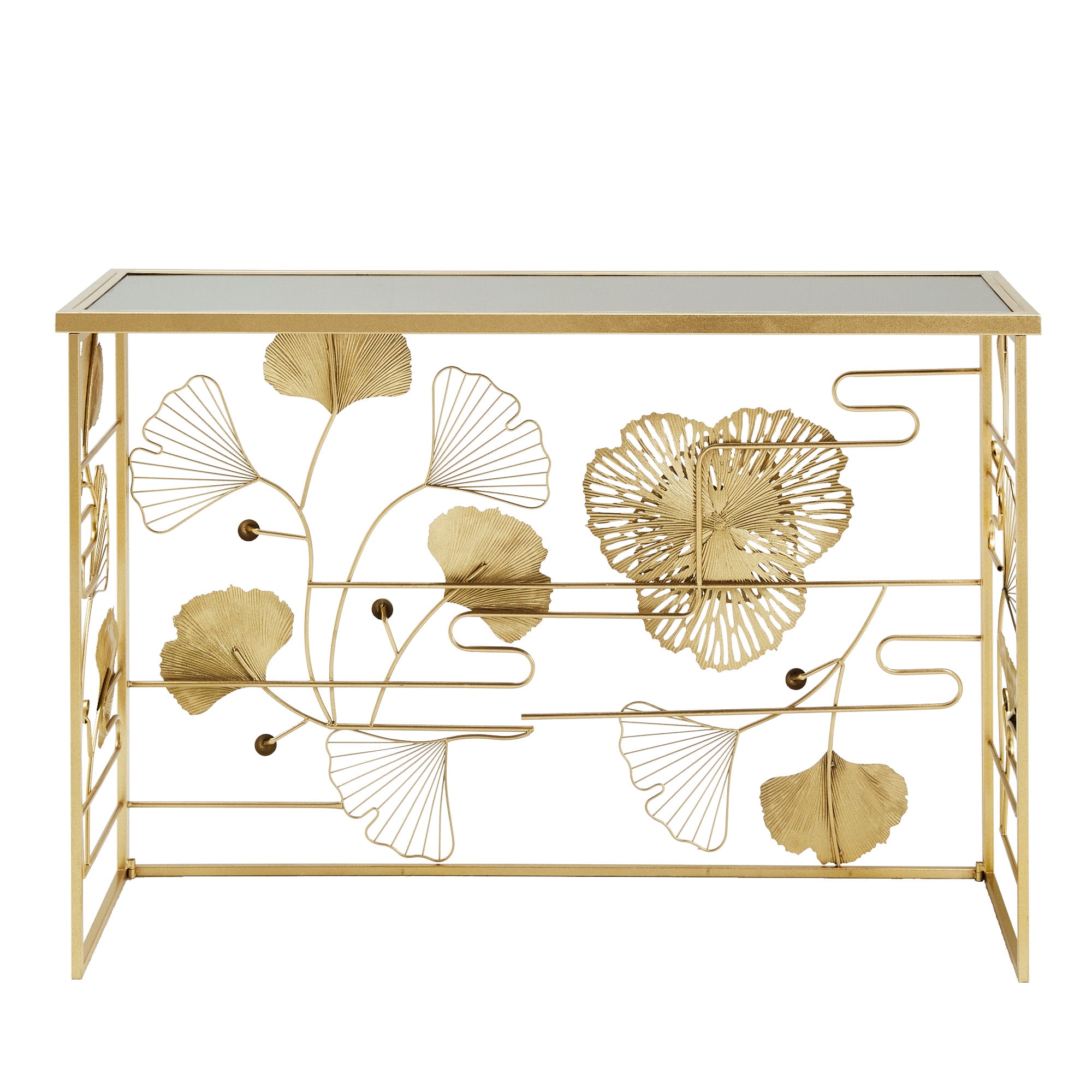 Weston Home Ditmas Gold Finish Peony and Ginkgo Console Table with Mirror Top