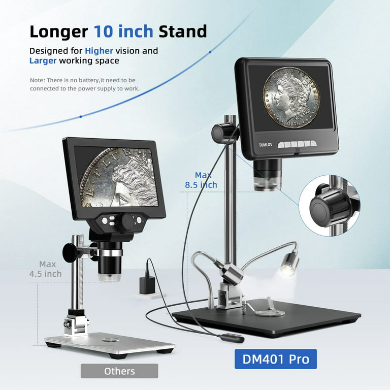 2K 7'' Coin Microscope, TOMLOV 1200X Digital Microscope with Remote  Control, Adjustable Lights & 32GB Card, HDMI LCD 24MP Microscope DM401 Pro