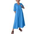 thumbnail image 2 of GaThRRgYP Women's Printed Maxi Boho Short Sleeve Dress,Ladies' Casual V-neck Three-quarter Sleeve Cotton and Linen Pocket Dress Blue XXL, 2 of 9