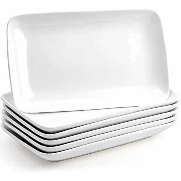 Rectangular Salad Plates, 10 Inch White Porcelain Dessert Appetizer Plates Set, Dishwasher and Oven Safe Serving Platters for Sushi, Pasta, Fruit, Set of 6$$Home Decor, Kitchen, & Other
