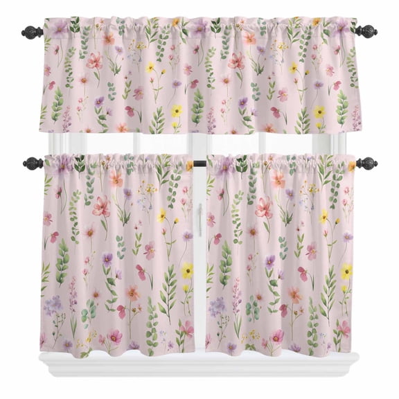 3 Piece Kitchen Curtains and Valances Set Pink Spring Floral Cafe Curtains 24 Inch Length Flowers Botanical Elegant Pastoral Valance & Tier Curtain for Living Room Bedroom Window 54"x18" 27"x24"*2