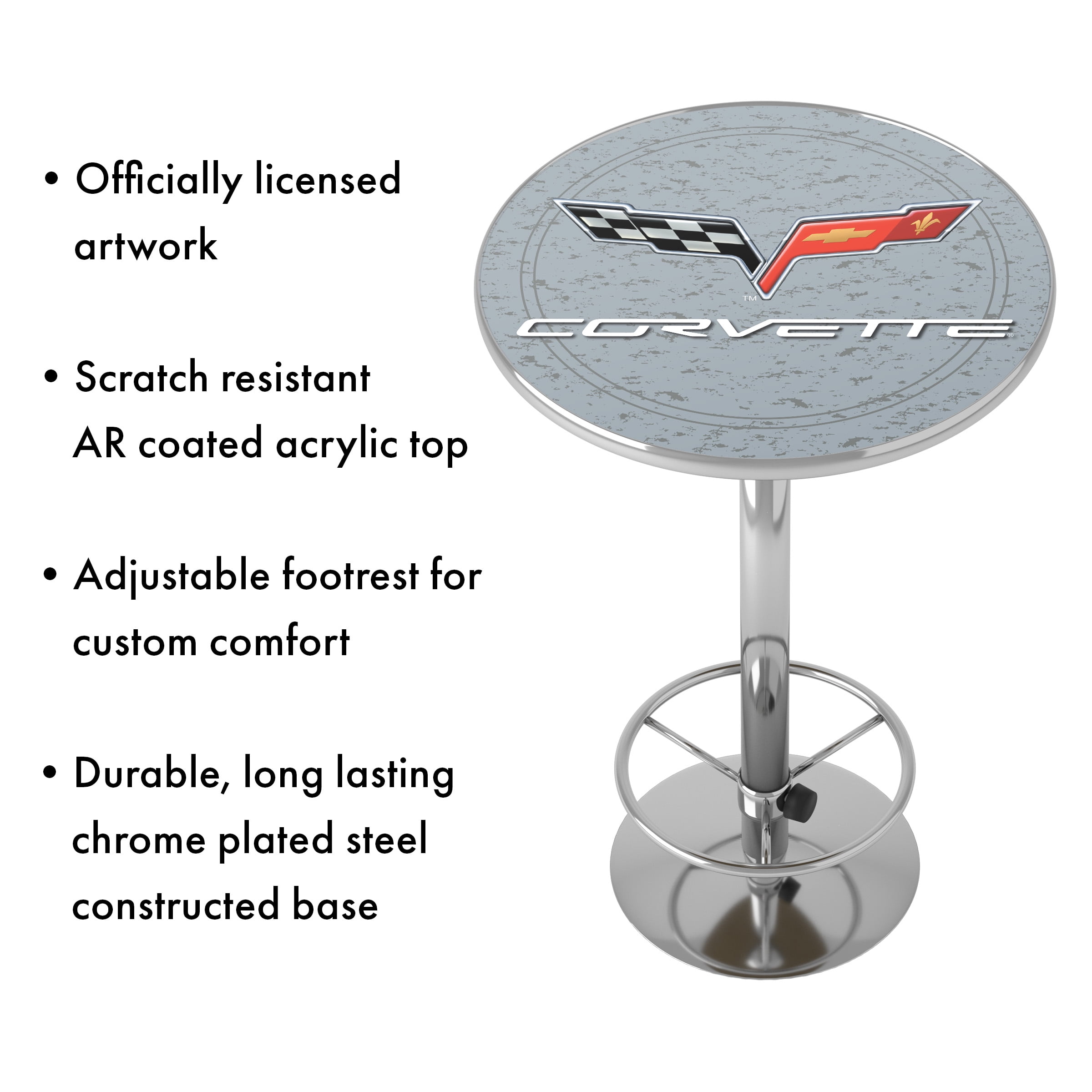 Corvette C6 Silver Bar Table with Adjustable Footrest and Acrylic Top