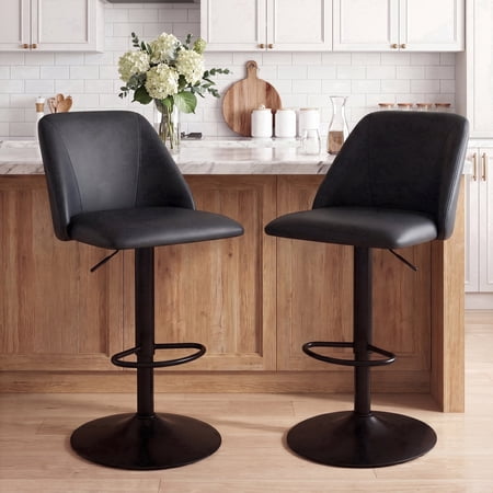 AFO Swivel Counter Height Bar Stools Set of 2, PU Leather Adjustable Upholstered Bar Chairs with Full Backrest, Modern Barstools for Kitchen Island, Dining Room, Café and Home Bar, Black
