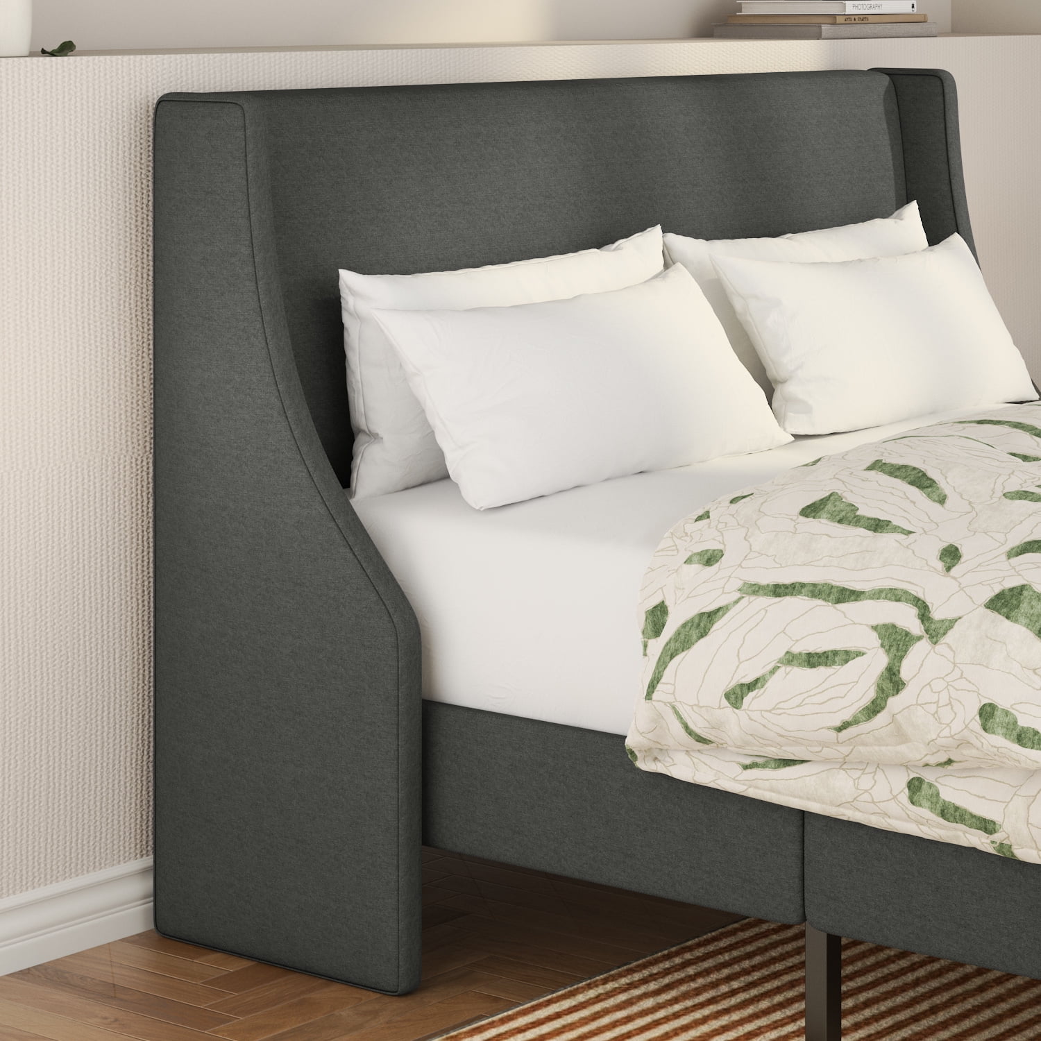 SHA CERLIN Full Upholstered Platform Bed Frame with Wingback Headboard, Grey, Adults