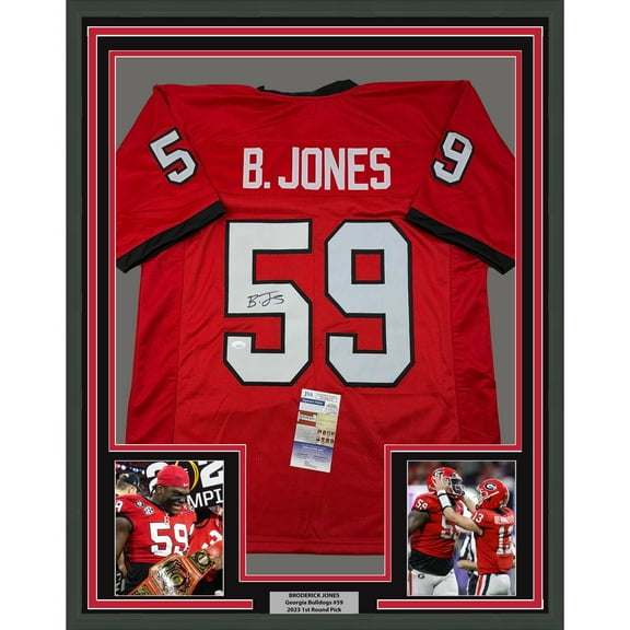 Framed Autographed/Signed Broderick Jones 35x39 Georgia Red College Football Jersey JSA COA