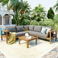 thumbnail image 2 of EUROCO 4 Pieces Outdoor Acacia Wood Sofa Set, Woven Mesh Armrests, L-Shaped Patio Furniture Sofa Set with Coffee Table, Outdoor Conversation Set with Gray Cushions and Side Table, 2 of 9