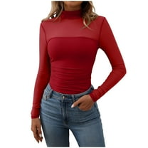 Gubotare Women's Sexy Sheer Long Sleeve Tops Crew Neck Mesh Ruched Going Out Shirts Blouse Date Night Outfits (Red,XL)