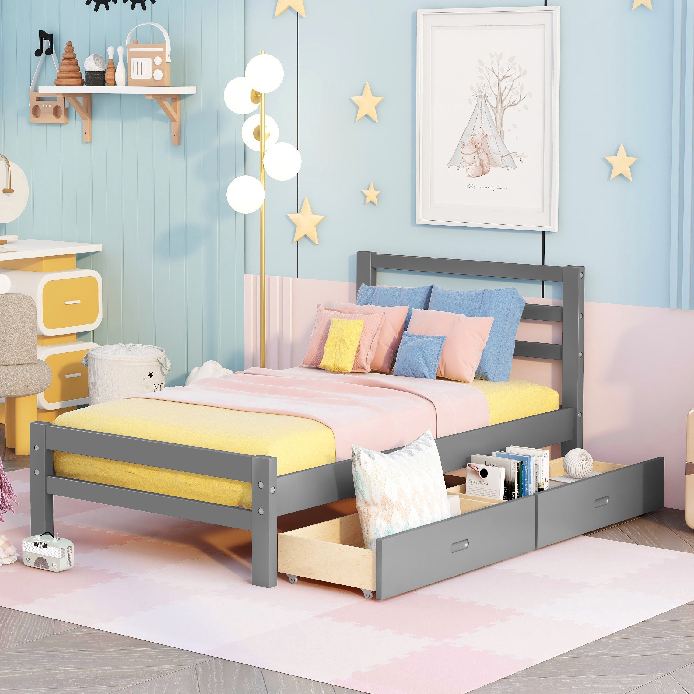 Twin Bed Frame with Storage Drawers, Wood Platform Bed Frames with Headboard for Kids, Twin Size