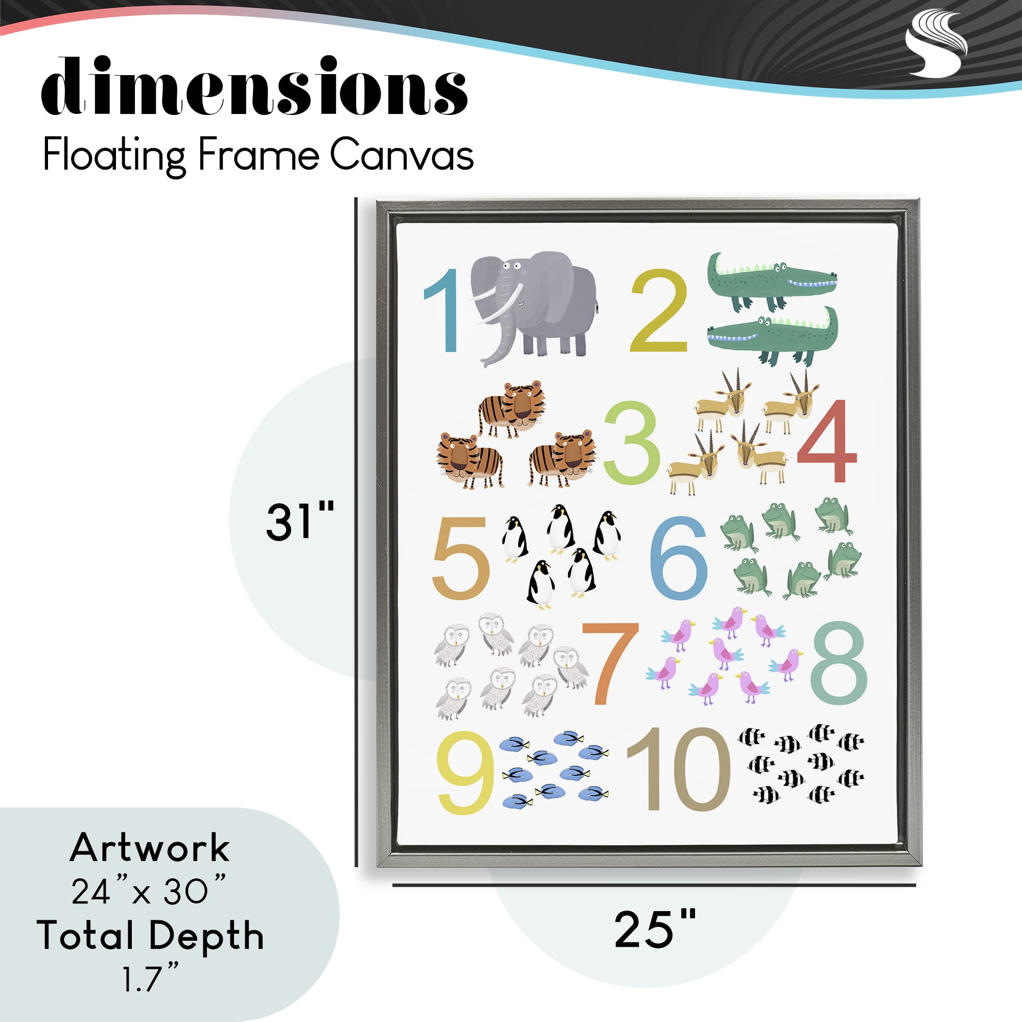 Kid's Counting Animals Gray Framed Floater Canvas Wall Art, design by Carla Daly