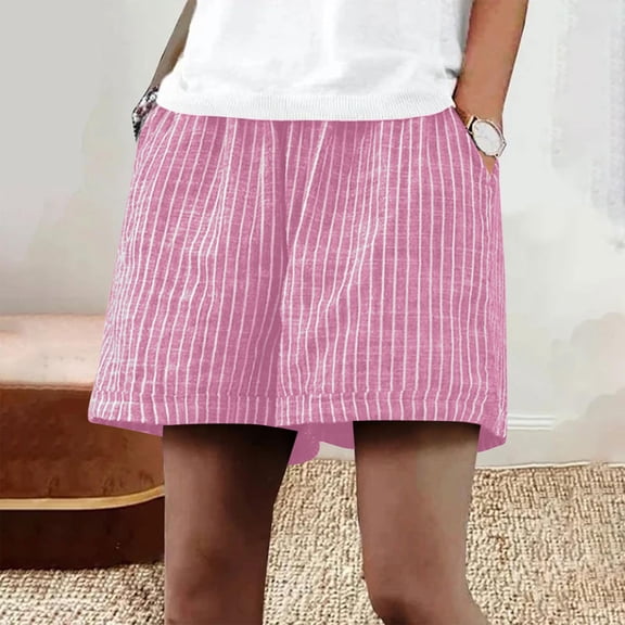 LEKWK Linen Shorts for Women High Waisted Casual Striped Shorts Baggy Comfy Pull On Lounge Shorts with Pockets Summer Beach Travel Vacation Outfits