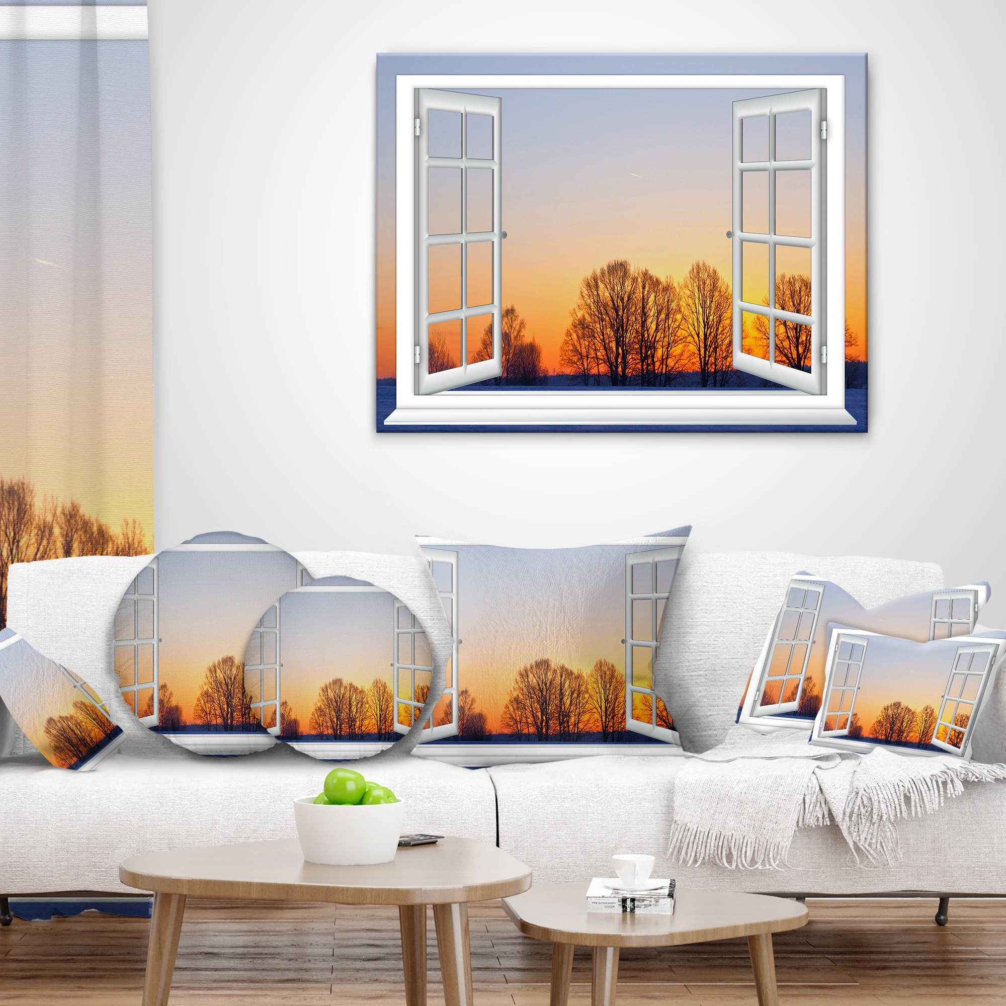 Designart Window to Sunset over the Snow - Landscape Wall Throw Pillow - 18x18