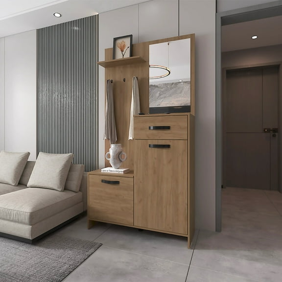 Miekor Furniture Natural Oak Hall Tree Multistorage with 1-Mirror and Adjustable Legs 52108