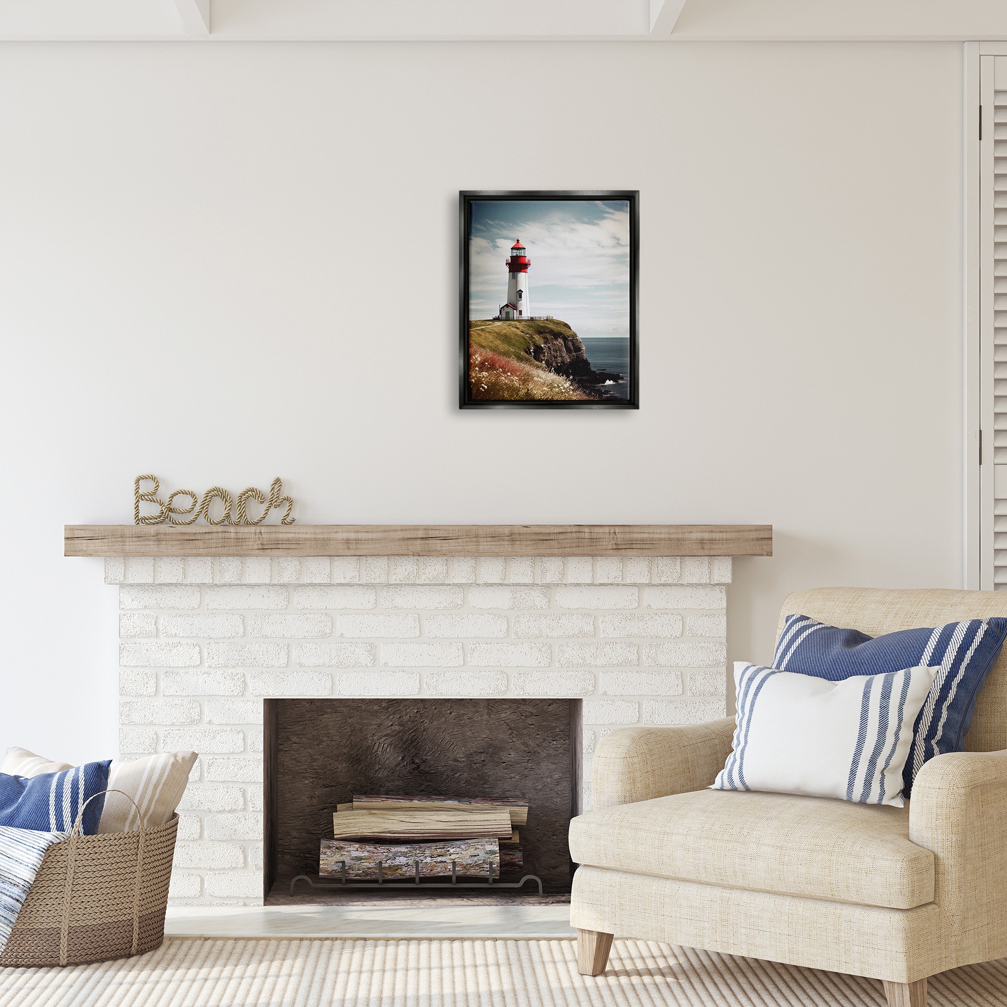 Stupell Industries Lighthouse on High Cliff Landscape Photography Black Floater Framed Canvas Art Print Wall Art, 17 x 21