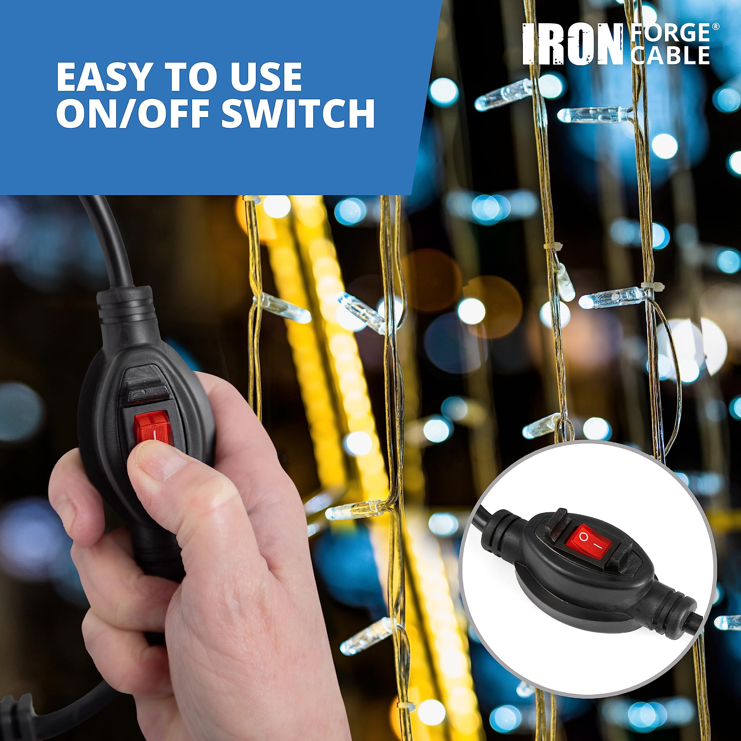 Iron Forge Cable 10 Ft Black Extension Cord with Inline Switch On/Off, 16/3 SJTW 3 Prong with in Line Switch On Off Power -10 AMP Cord - ETL Listed