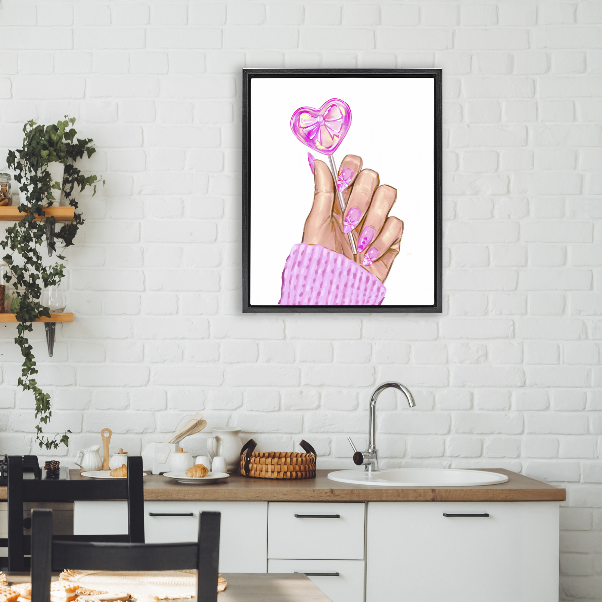 Pink Fashion Bow Lollipop Black Framed Floater Canvas Wall Art, design by Ziwei Li