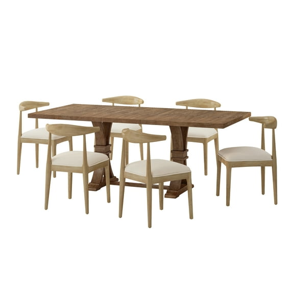 GDF Studio Derring Contemporary Fabric Upholstered Wood 7 Piece Dining Set, Beige, Light Ash, and Natural