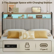 Pinmoco Headboard for Queen Size Bed with Storage, Linen Upholstered Head Board with LED Light and Charging Station, Gray, Headboard Only(Bed Frame Not Included)