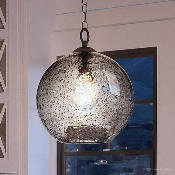 Urban Ambiance Luxury Bohemian Pendant, Size: 14"H x 11-3/4"W, with Farmhouse Style Elements, Charcoal Finish and Smoked Textured Shade, UHP2580