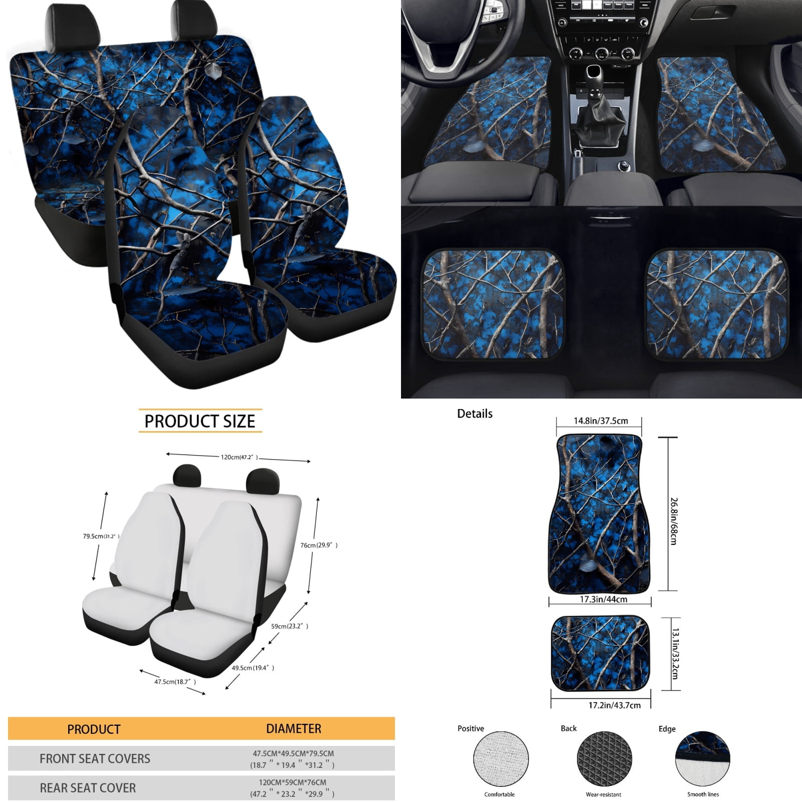 Yuyamidu Camo Hunting Car Seat Cover Full Set with Car Floor Mats Blue Wood Steering Wheel Cover Seatbelt Cover Cup Coasters Handbrake Sets 15 Pack Automobile Accessory for Woman Men