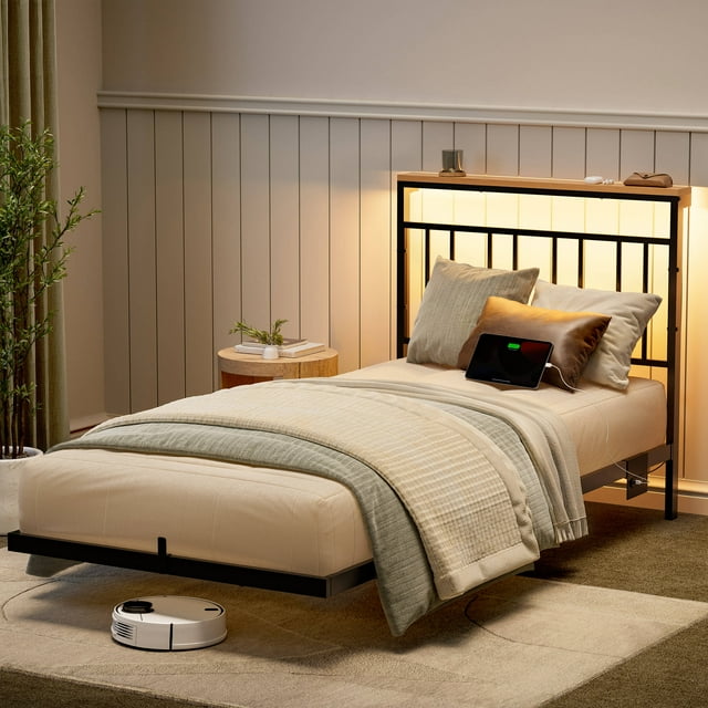 GUNAITO Floating Bed Frame Twin Size with LED Lights and Charging Station Modern Metal Platform,Black