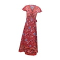 thumbnail image 3 of Vestidos de verano para mujer, vestido cruzado informal con estampado floral para vacaciones y viajes , S, Rojo, 3 of 9
